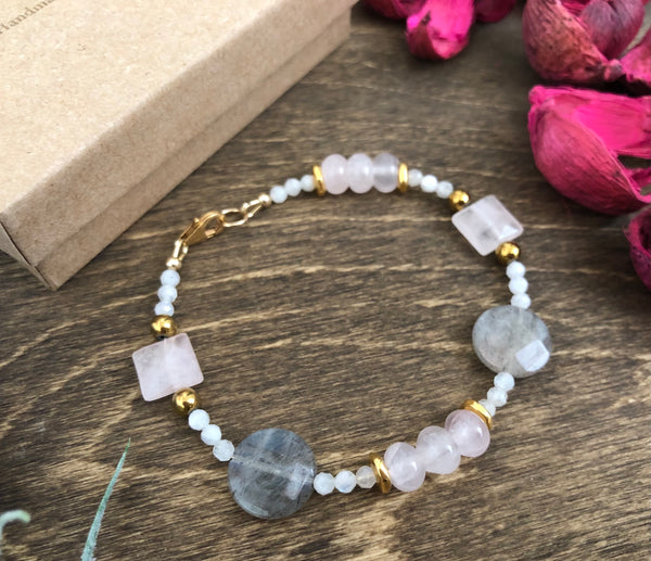 Labradorite coin with Rose quartz Bracelet