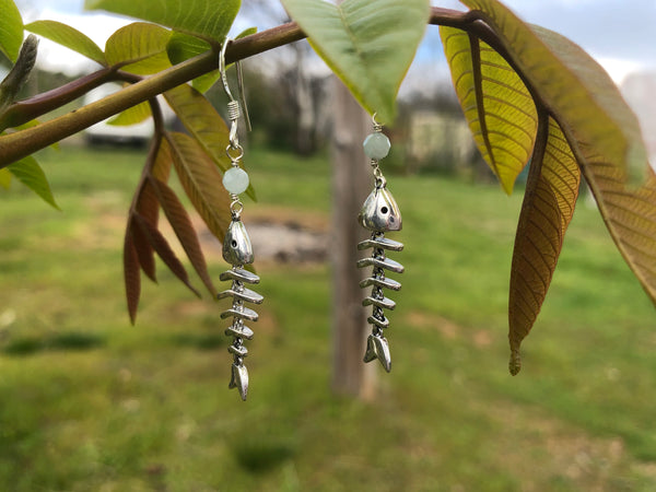 Fish bone aquamarine drop earrings