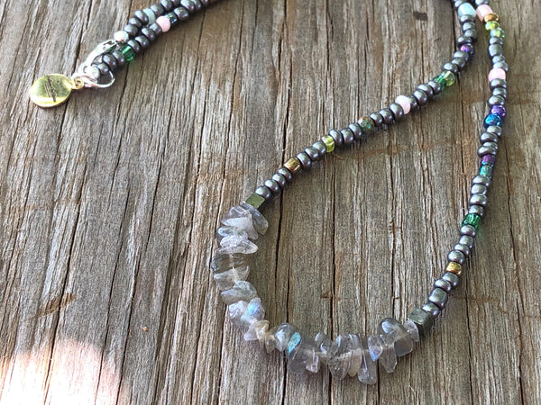 Labradorite chip bead with turquoise mermaid necklace