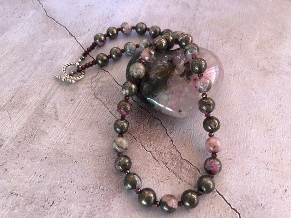 Pyrite pink quartz necklace