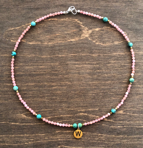 Pink Rhodochrosite Turquoise initial necklace