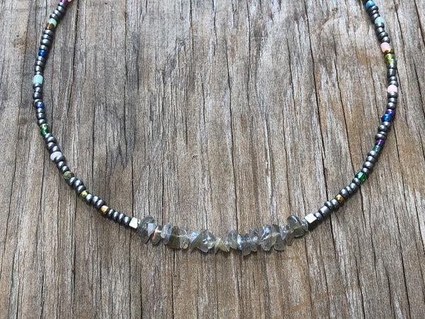 Labradorite chip bead with turquoise mermaid necklace