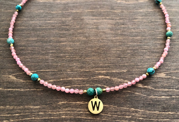 Pink Rhodochrosite Turquoise initial necklace