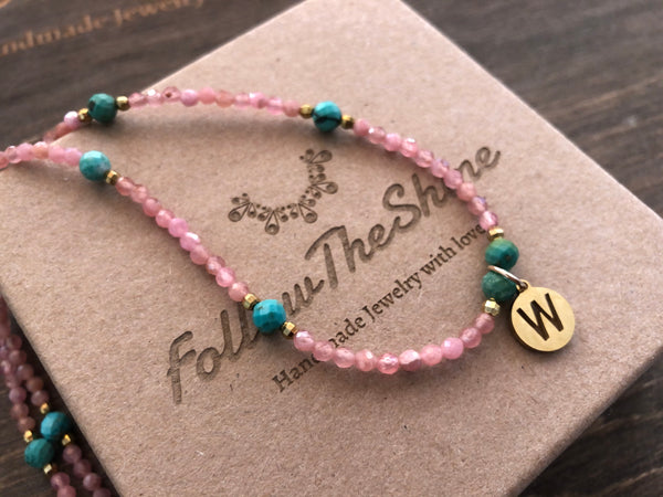 Pink Rhodochrosite Turquoise initial necklace