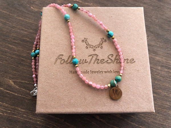 Pink Rhodochrosite Turquoise initial necklace