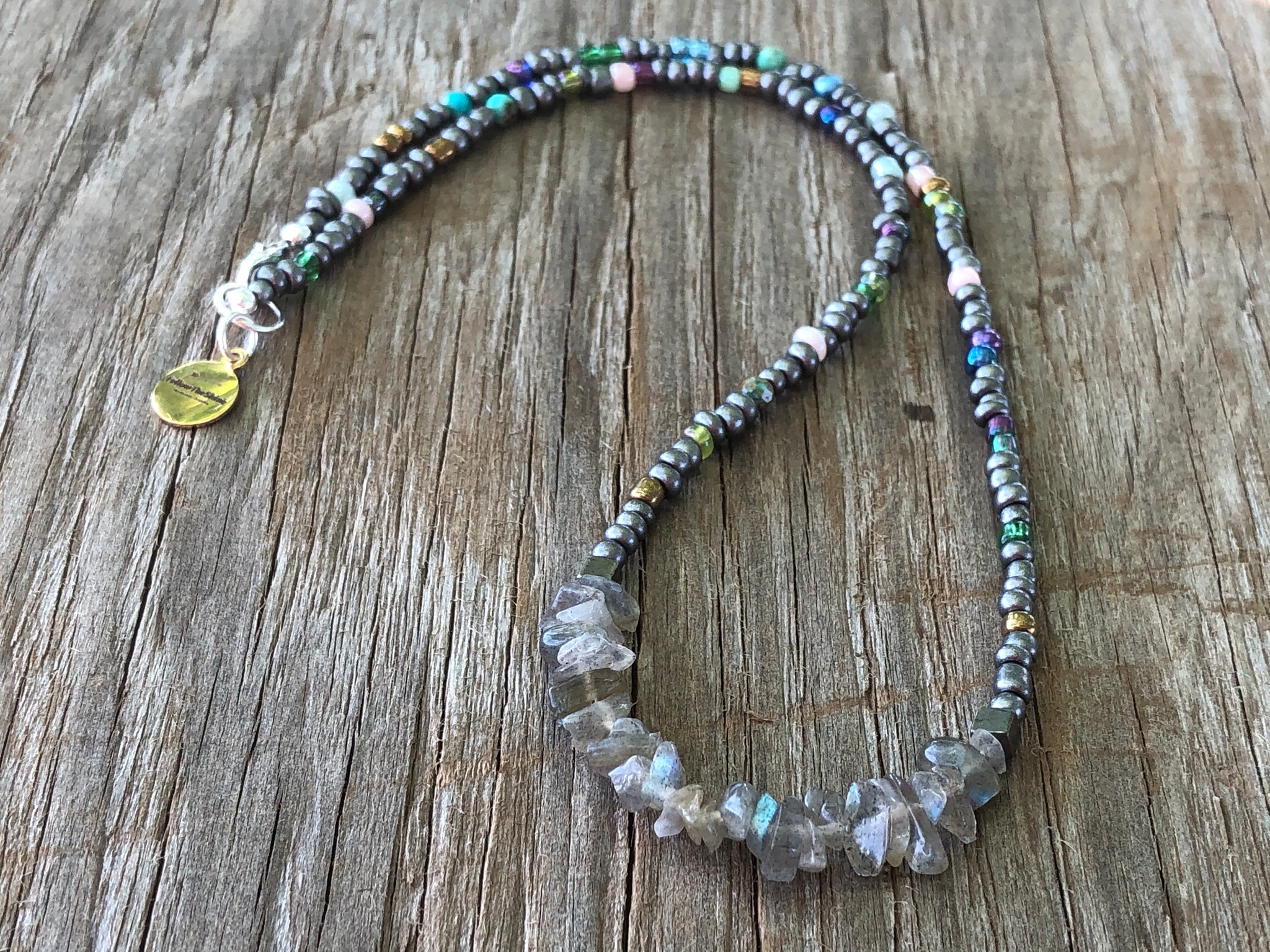 Labradorite chip bead with turquoise mermaid necklace