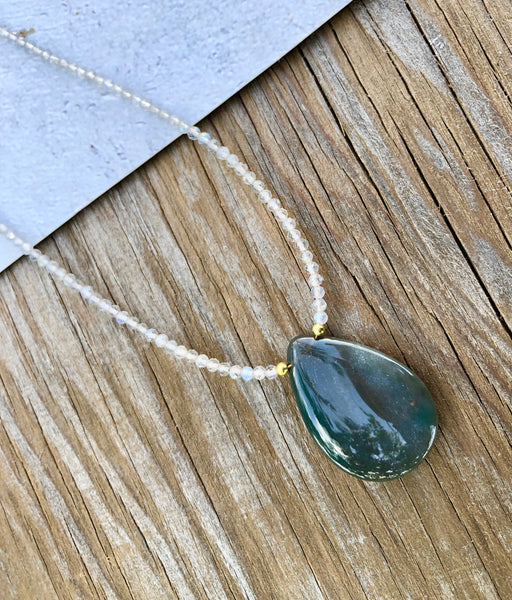 Moss agate pendant necklace with Labradorite