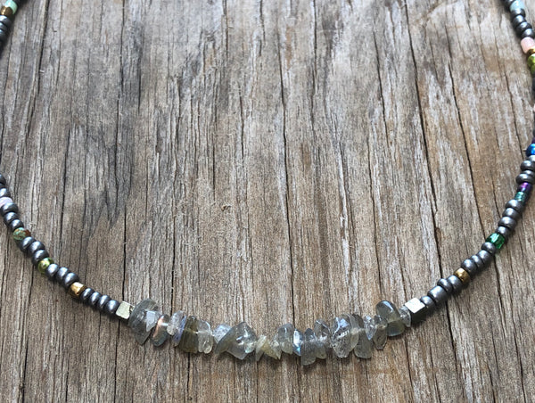 Labradorite chip bead with turquoise mermaid necklace