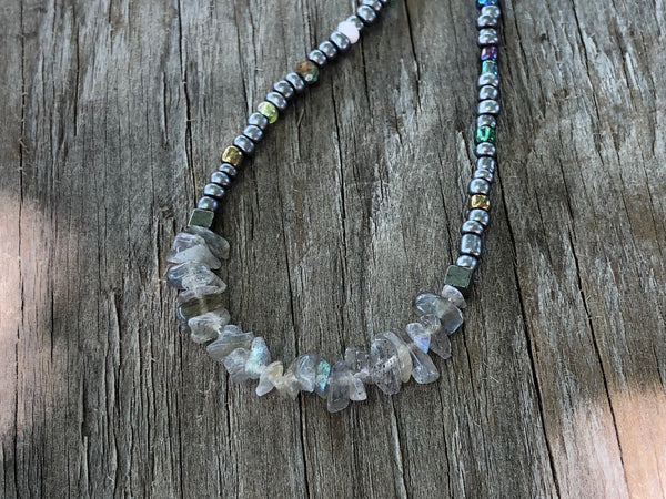 Labradorite chip bead with turquoise mermaid necklace