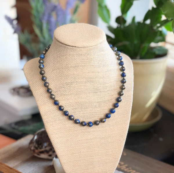 Blue quartz pyrite beaded necklace