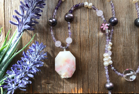 Vintage style Rose quartz and pearl Statement necklace