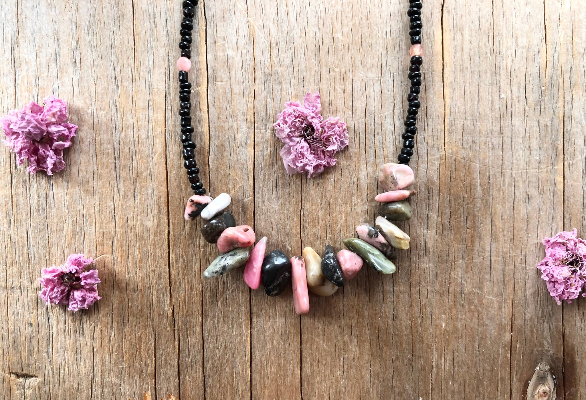 Pink rhodochrosite with black seed beads necklace