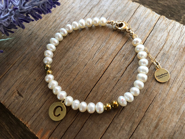 White pearl initial bracelet