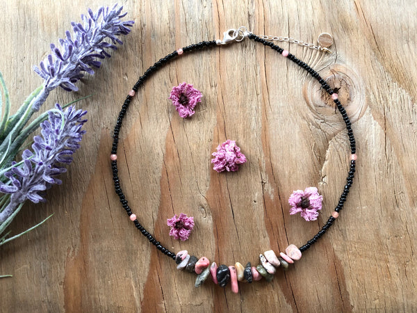 Pink rhodochrosite with black seed beads necklace