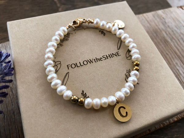 White pearl initial bracelet