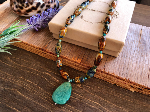 Amazonite pendant with fire agate necklace