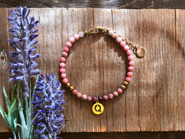 Pink rhodochrosite ombré initial charm bracelet