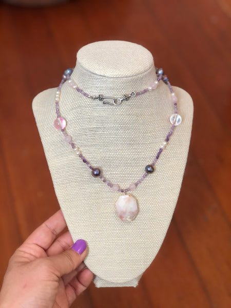 Vintage style Rose quartz and pearl Statement necklace