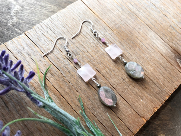 Pink Labradorite rose with quartz dangle earrings