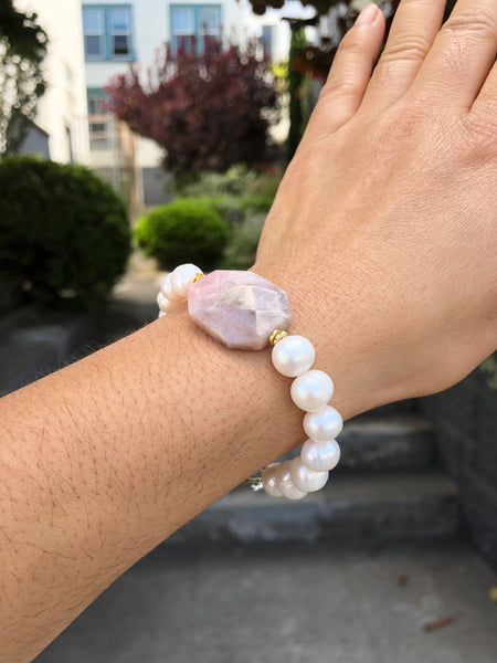 Pink Opal pendant Stretchy Pearl bracelet