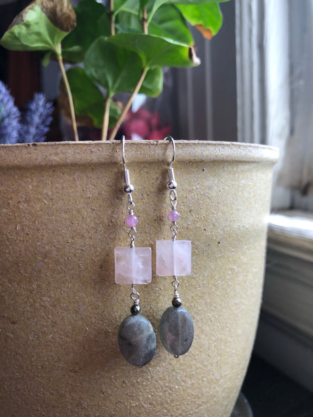 Pink Labradorite rose with quartz dangle earrings