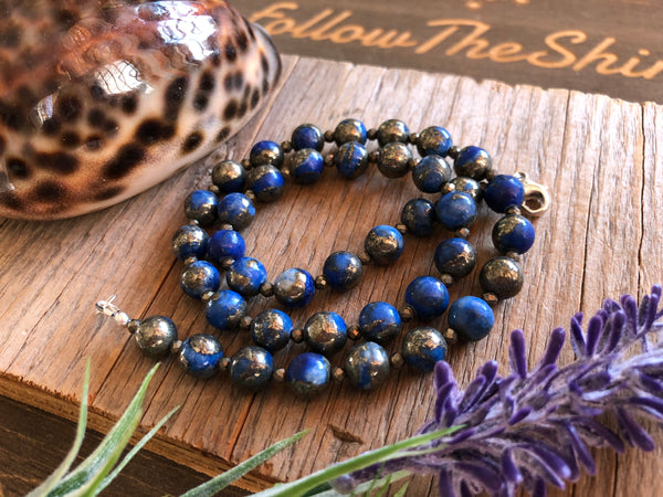 Blue quartz pyrite beaded necklace