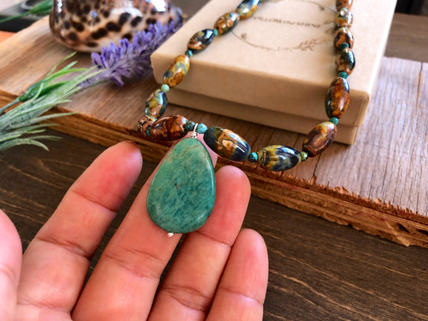 Amazonite pendant with fire agate necklace