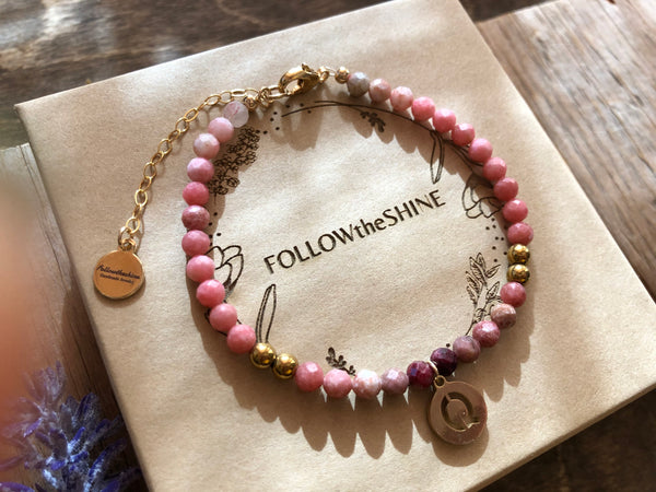 Pink rhodochrosite ombré initial charm bracelet