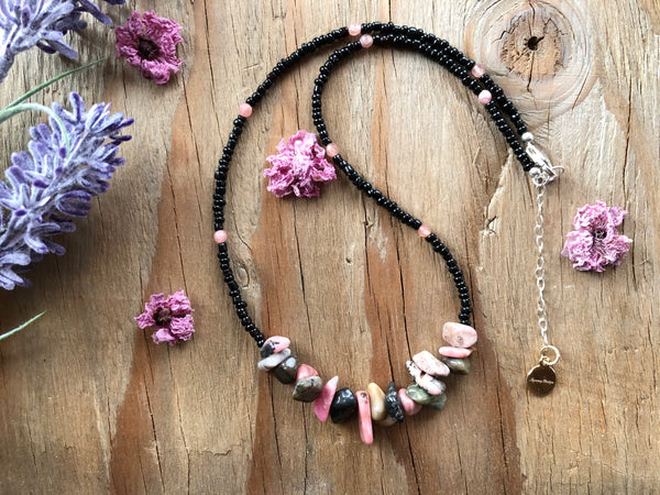 Pink rhodochrosite with black seed beads necklace