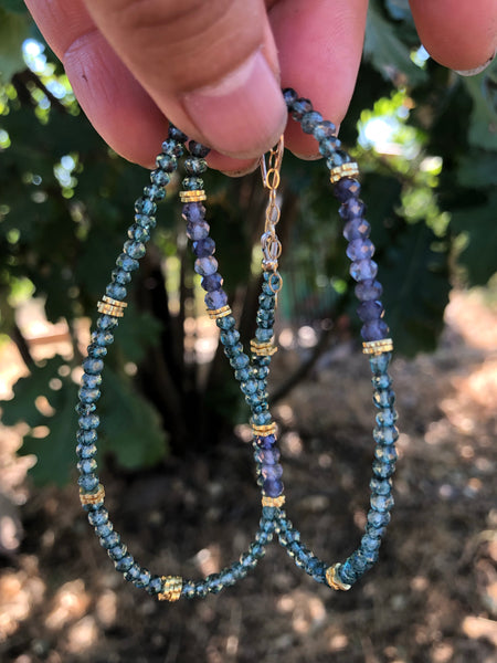 Green Moss quartz necklace with Iolite