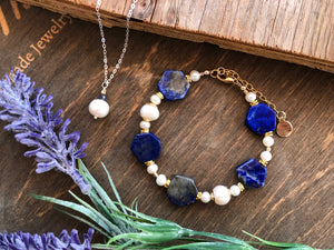 Lapis hexagon bead bracelet with pearls