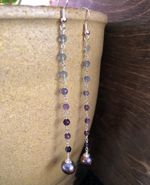 AAA sparkling Rainbow fluorite long dangle earrings with fresh water pearl