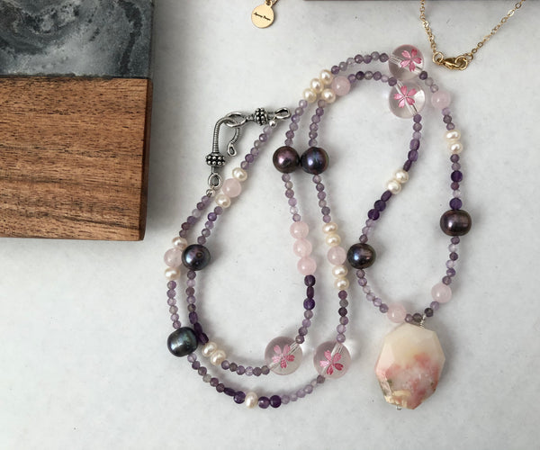 Vintage style Rose quartz and pearl Statement necklace