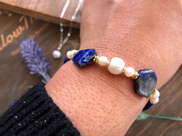 Lapis hexagon bead bracelet with pearls