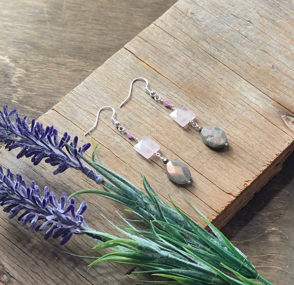 Pink Labradorite rose with quartz dangle earrings