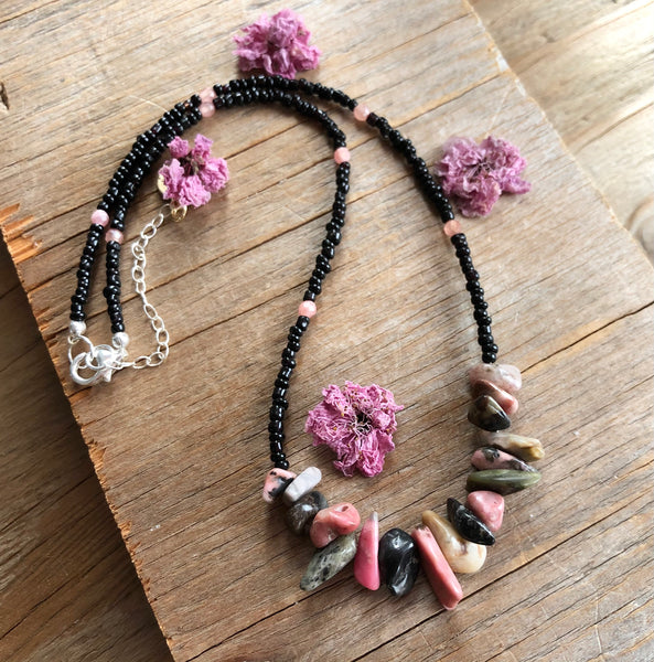 Pink rhodochrosite with black seed beads necklace