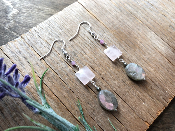 Pink Labradorite rose with quartz dangle earrings