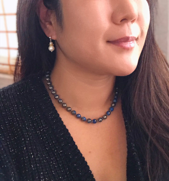 Blue quartz pyrite beaded necklace