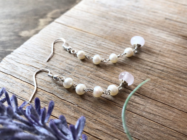 White pearl rose quartz dangle earrings