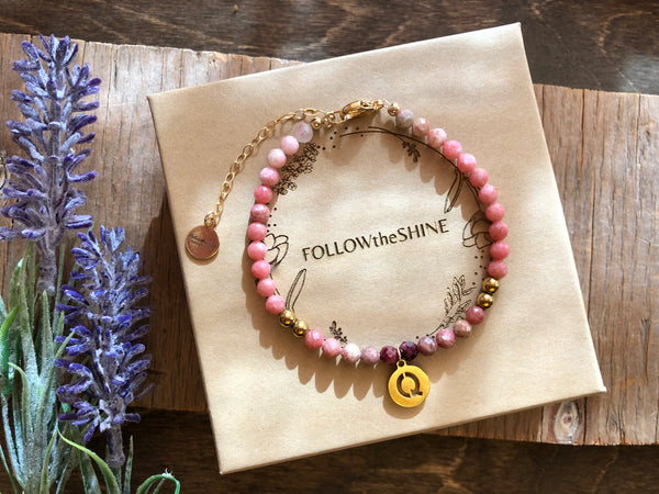 Pink rhodochrosite ombré initial charm bracelet