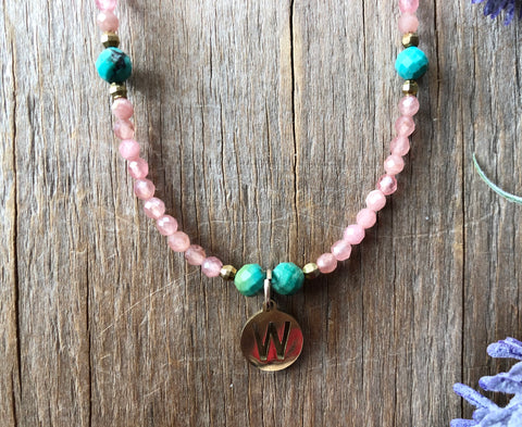 Pink Rhodochrosite Turquoise initial necklace