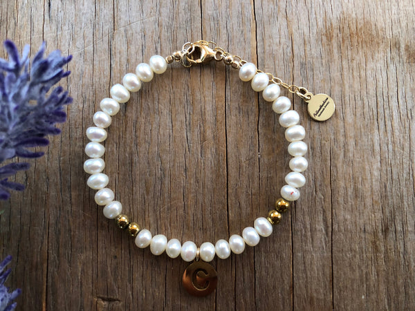 White pearl initial bracelet