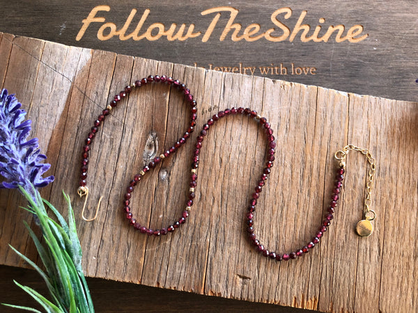 Simple garnet beaded necklace with 14k gold filled beads