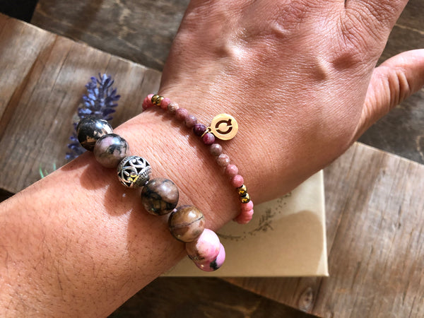 Pink rhodochrosite ombré initial charm bracelet