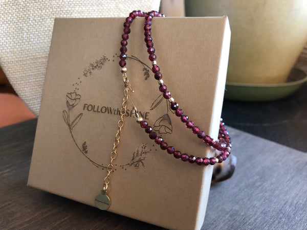 Simple garnet beaded necklace with 14k gold filled beads