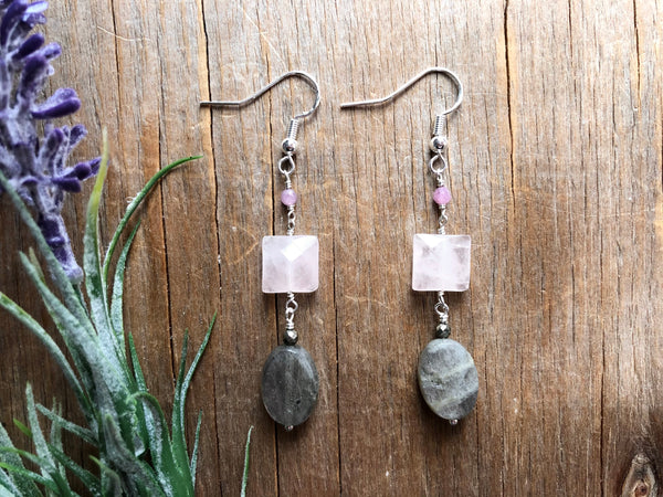 Pink Labradorite rose with quartz dangle earrings