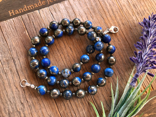 Blue quartz pyrite beaded necklace