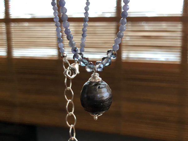 Purple tanzanite necklace with baroque vintage pearl