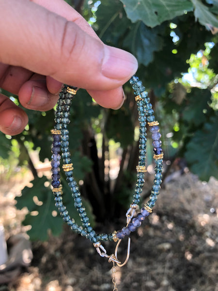 Green Moss quartz necklace with Iolite