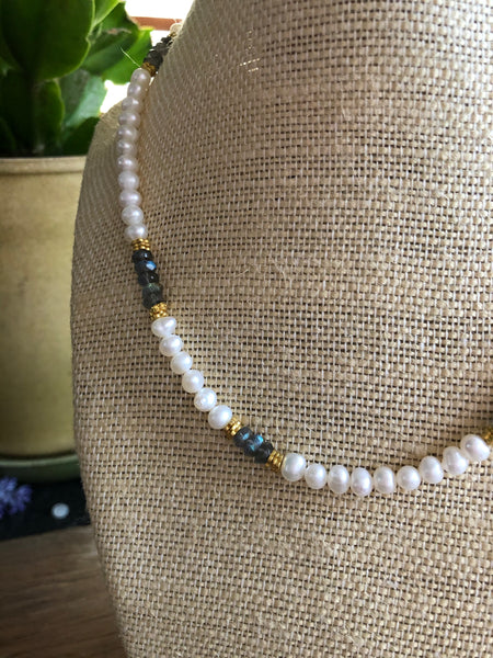 Timeless Pearl necklace with fire blue labradorite